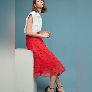 Anthropologie Marlowe M Red Ruffled Eyelash  Midi Skirt Design Style Keepers
